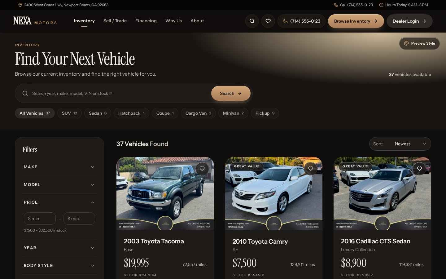 NEXA Motors inventory search page