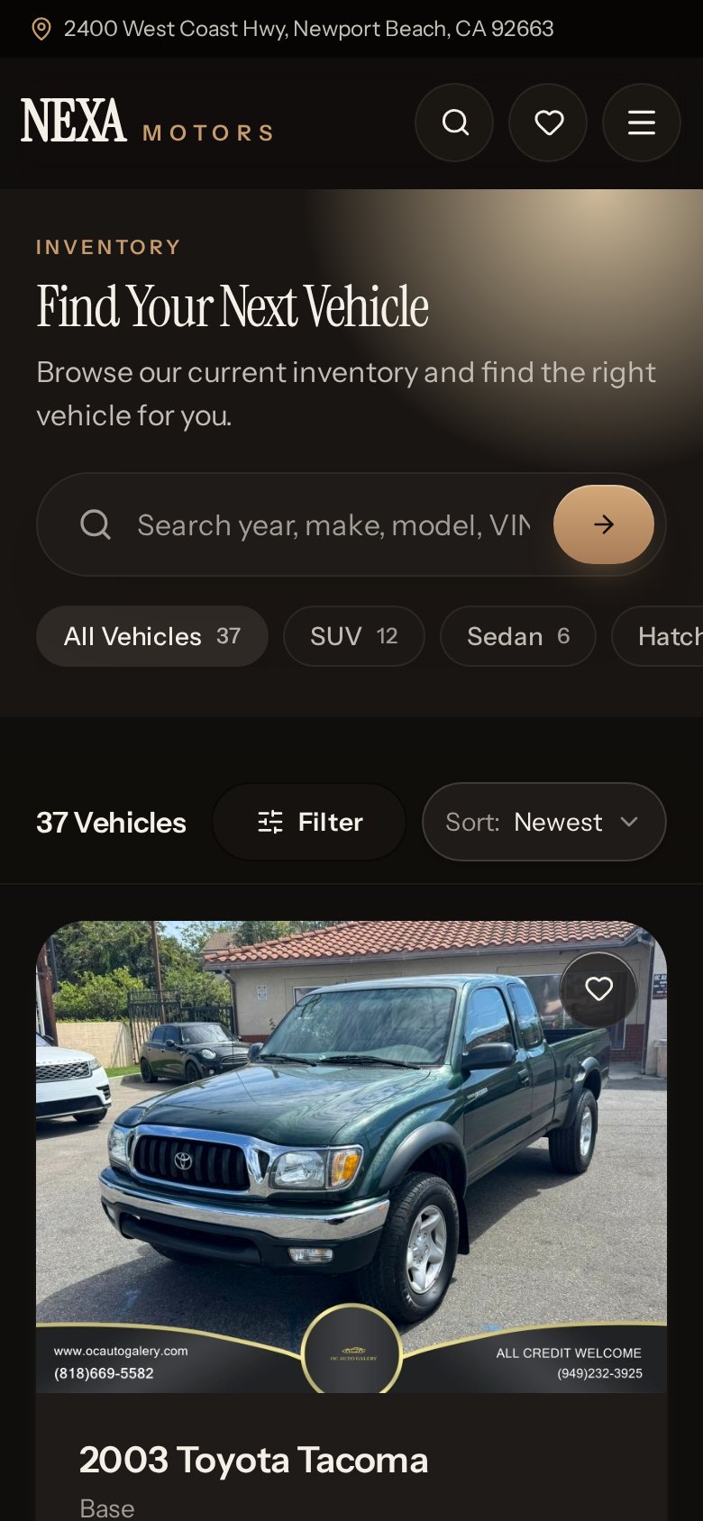 NEXA Motors inventory on a smartphone