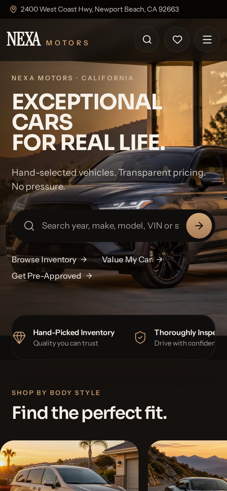 NEXA Motors homepage on a smartphone
