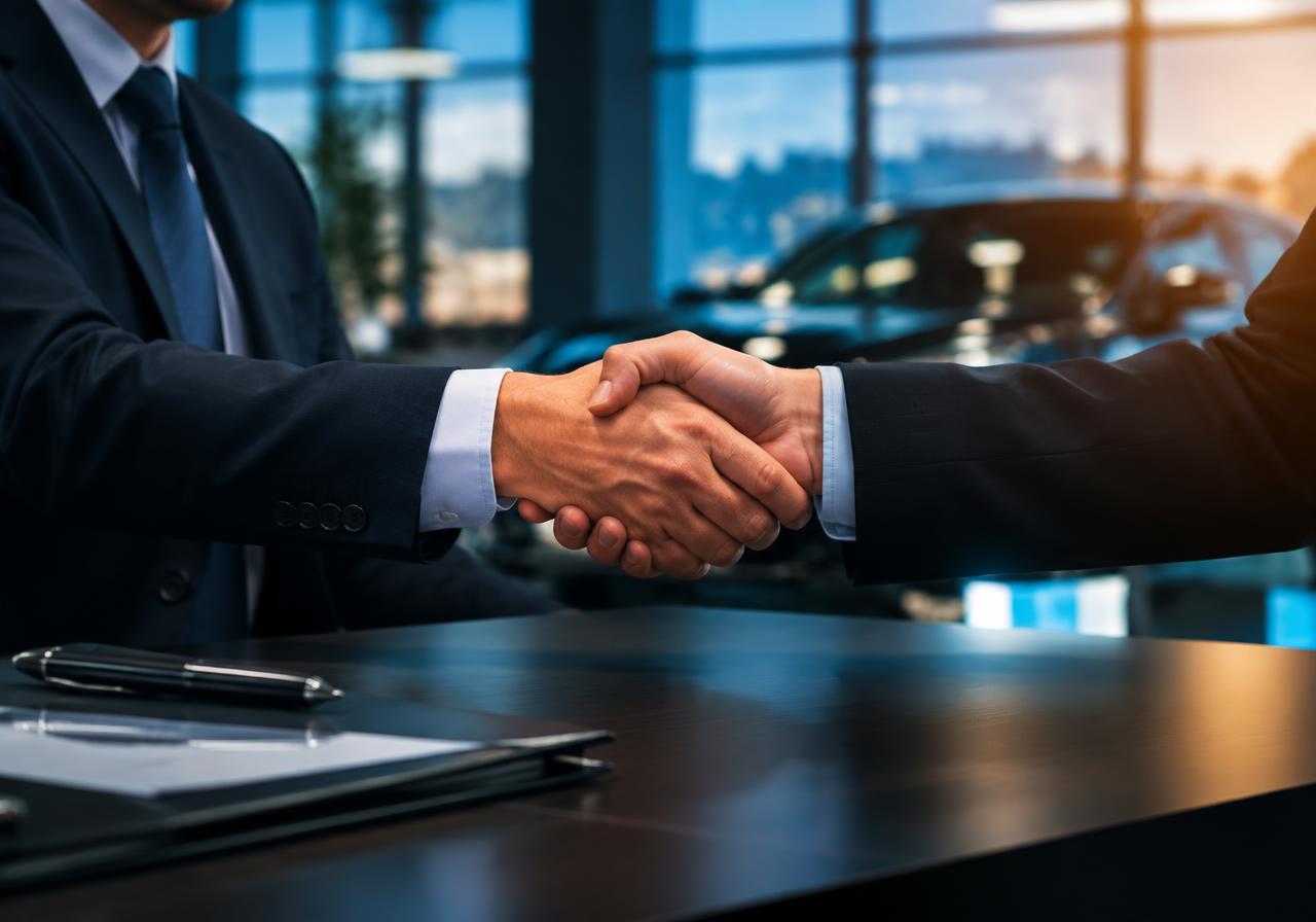 Executive handshake in a dealership business office