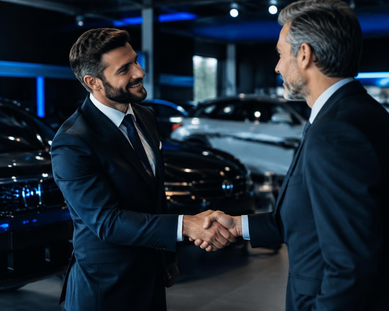 Automotive business executives shaking hands inside a modern dealership